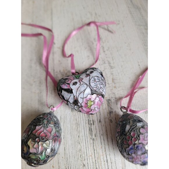 Vintage metal bird heart egg ornament Xmas set spring Easter - Picture 2 of 6